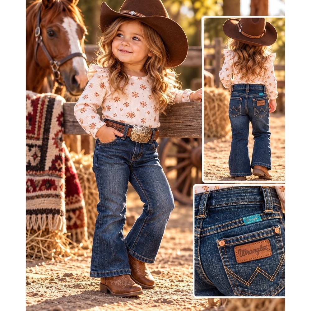 Wrangler Baby Girls 1T Dark Wash Bootcut Jeans Adjustable Waist Western Denim